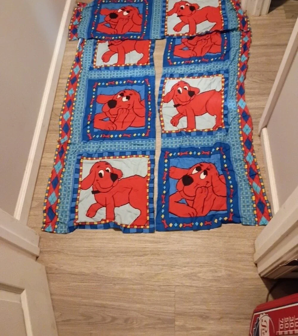 Children's Red Puppy Print Curtain Panel - Blue Background